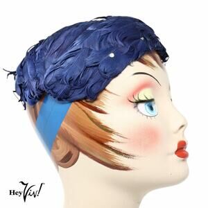 Vintage Blue Feather Cocktail Hat Rhinestone Accent Close Fitting Style -Hey Viv